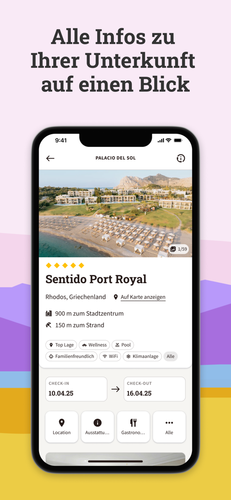 MyDERTOUR | Reisebegleiter - Smartphone displaying hotel information, photos, and check-in dates in the MyDERTOUR travel app