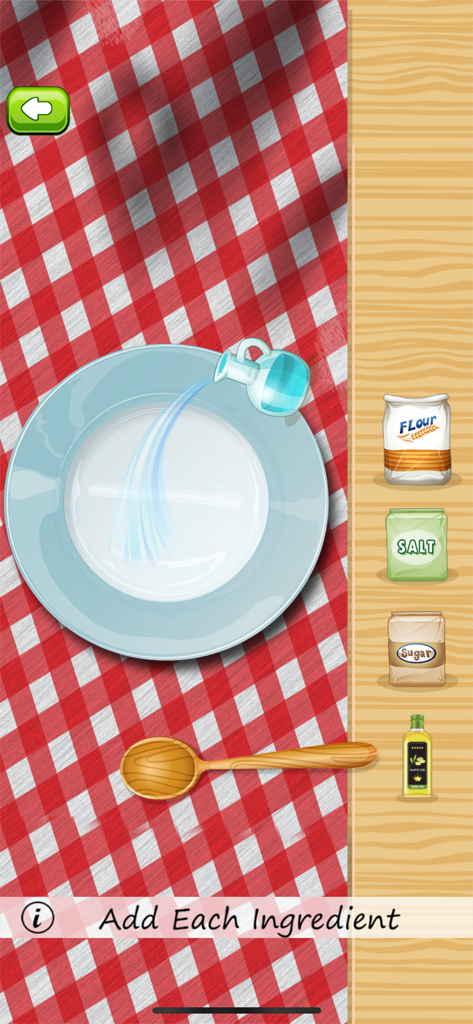 Pizza Games - ピザ調理ゲームの画面。生地を準備するためにボウルに水が注がれている様子が表示されています。