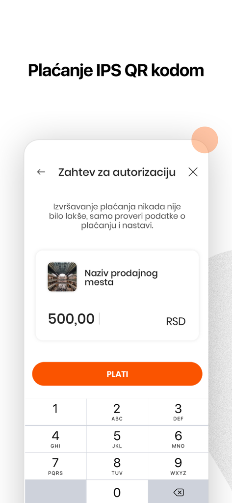 Banca Intesa Mobi app interface for authorizing a payment using an IPS QR code showing an amount in RSD