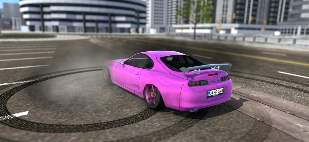 Un coche deportivo modificado rosa derrapando y dejando marcas de neumáticos en una calle de la ciudad en Car Parking 3D Multiplayer