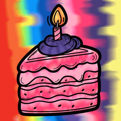 a slice of cake with bold frosting and a candle on top.