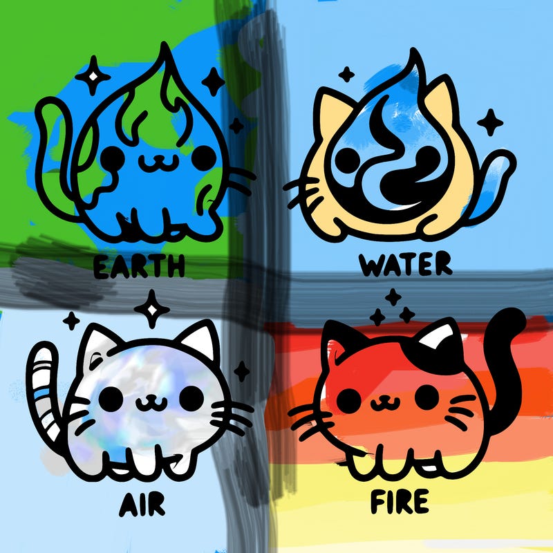 4 cats that represent the different elements, earth, water, air, and fire