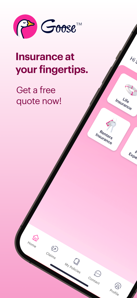 Goose Insurance - Goose Insurance mobile app splash screen featuring the tagline insurance at your fingertips and icons for life and renters insurance.