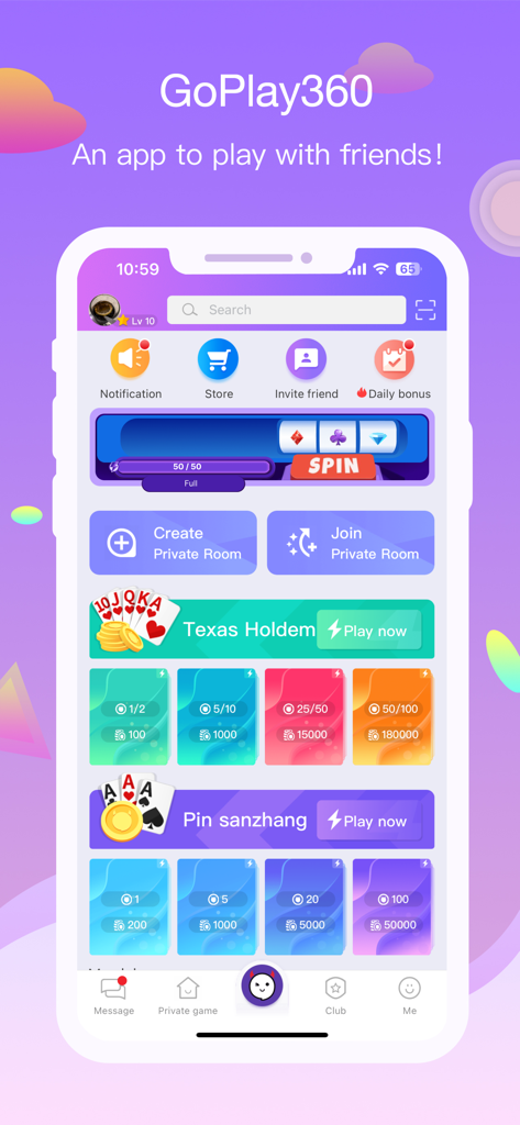 GoPlay360 - Poker with friends - Pantalla principal de la aplicación GoPlay360 con juego de Texas Holdem y opciones de creación de salas privadas