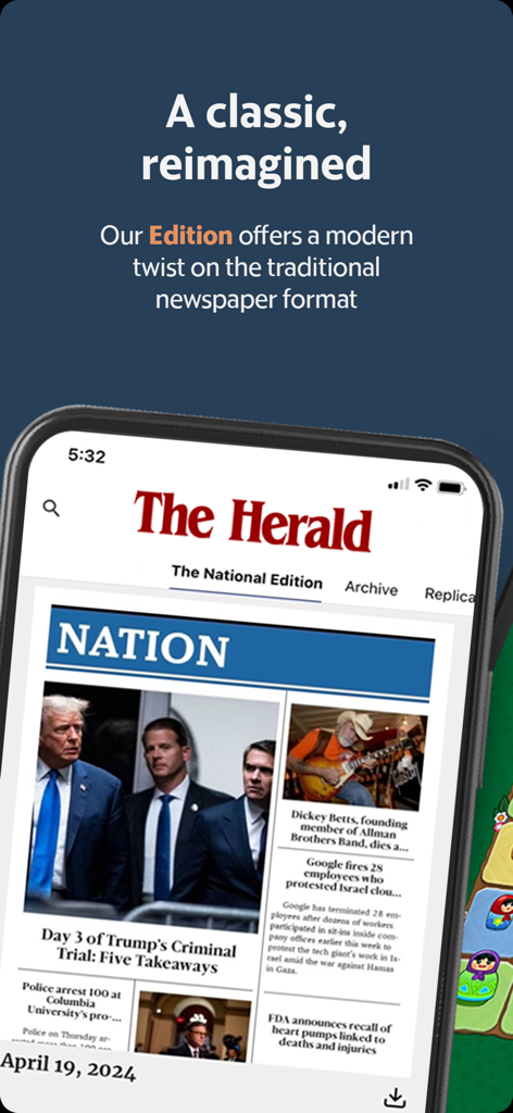 Smartphone displaying the digital edition of the Rock Hill Herald News app with a traditional newspaper layout.