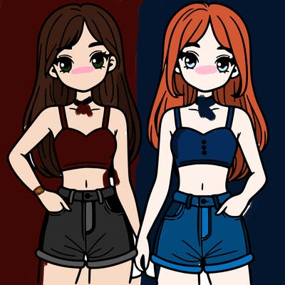 two sisters with crop tops and jean shorts and straight hair