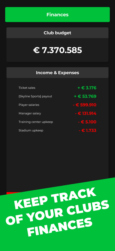 Club Boss - Football Game - Club Boss financial management screen showing budget income and expenses