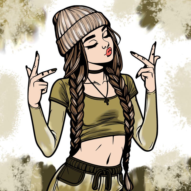 realistic teenage girl with braids and a beanie and crop top doing 🫶🏼
