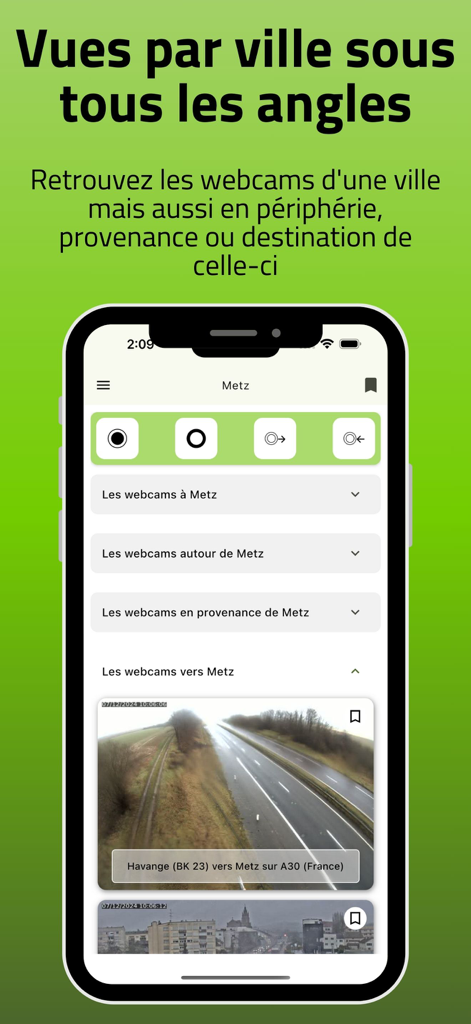 Interface de l'application Info Trafic Grand Est montrant les webcams de trafic en temps réel pour la ville de Metz et les autoroutes environnantes.