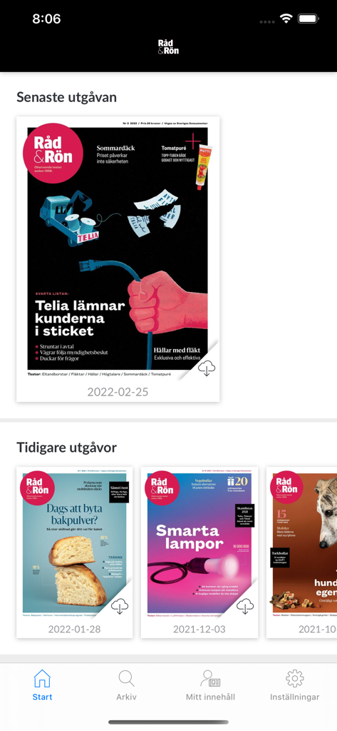 Råd & Rön e-tidning - Interface of the Rad and Ron digital magazine app showing the latest and previous issues of consumer test reports.