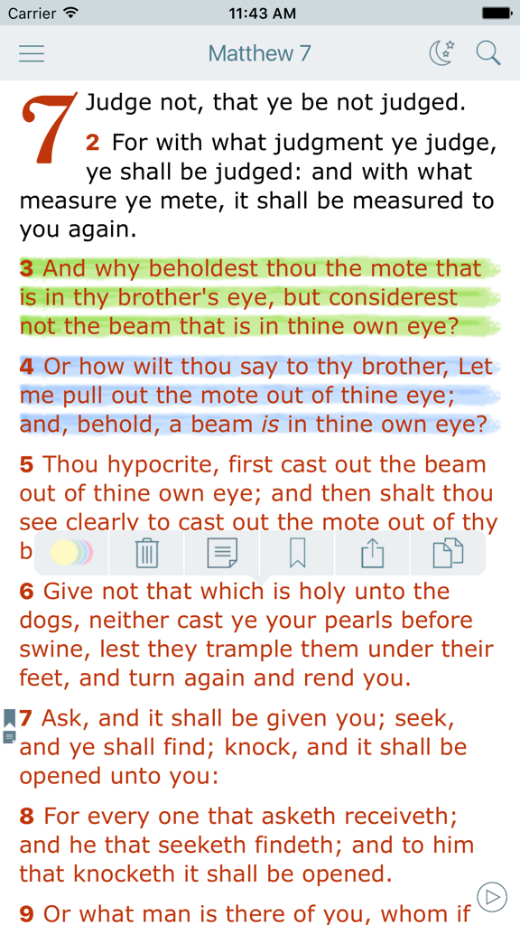 Bible Offline with Red Letter - Mobile app screen showing King James Version Bible text with red letters and highlighted verses