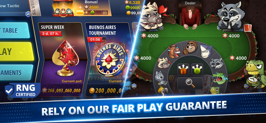 Poker Royale: Holdem, Omaha - Poker Royale app interface featuring tournament events and the RNG certified fair play guarantee.