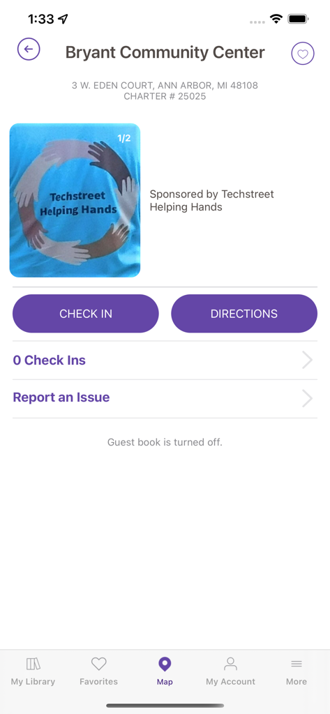 Little Free Library - Page de détail d'un emplacement Little Free Library montrant les boutons d'enregistrement et de direction