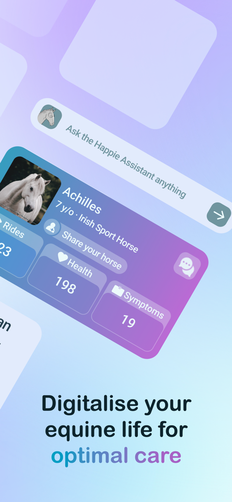 Happie Horse Management - Happie Horse app interface showing a horse profile for Achilles with ride and health statistics and an AI assistant.
