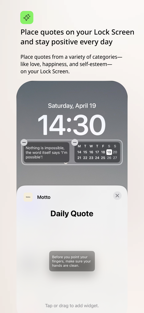 Motto - Daily Quotes - Mottoアプリからの毎日の名言ウィジェットを特徴とするiPhoneのロック画面