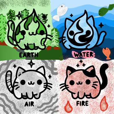 4 cats that represent the different elements, earth, water, air, and fire
