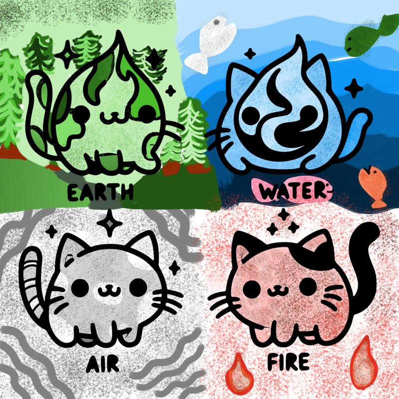 4 cats that represent the different elements, earth, water, air, and fire