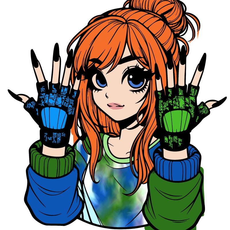 girl with fingerless gloves putting up the metal sign the girl has long nails and a messy bun