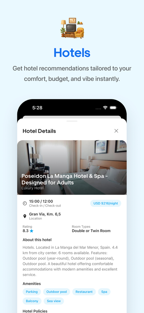 Travy: Plan Trips & Itinerary - 여행자를 위한 가격 및 편의 시설이 포함된 상세 호텔 추천을 표시하는 모바일 앱 인터페이스