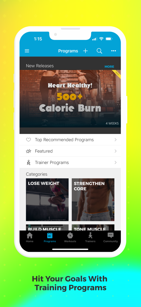 Interfaz de la aplicación Entrenador de Ejercicios IA que muestra varios programas de entrenamiento y categorías de fitness.