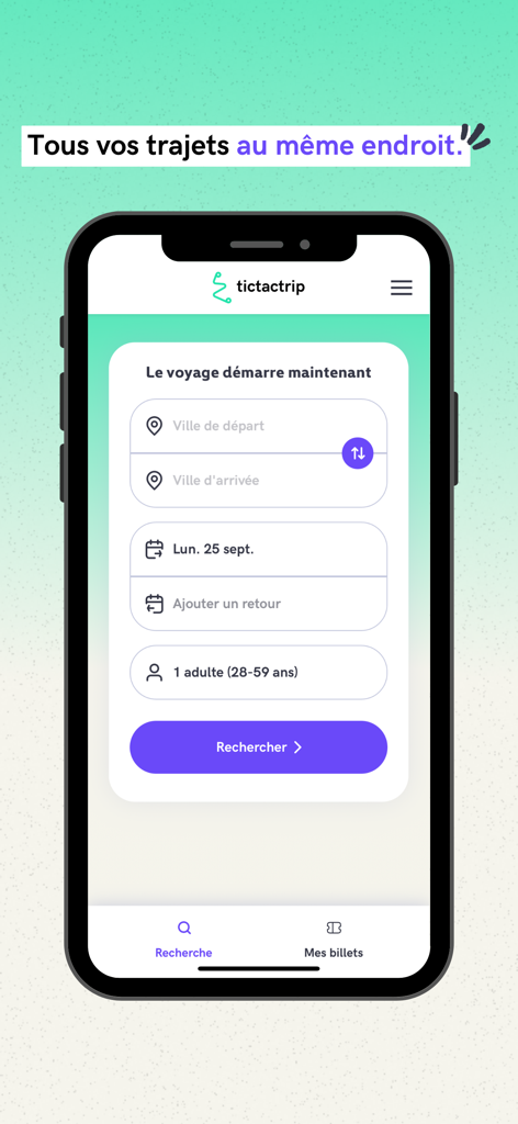 Mobile phone screen showing the Tictactrip search interface for booking trains, buses, and carpools in Europe.