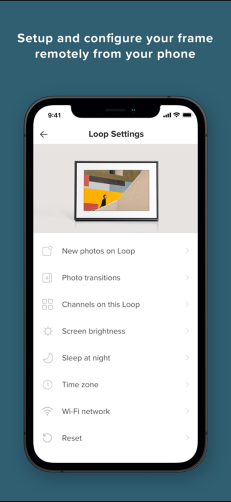 Loop Photo Frame - Loop app settings screen for remote configuration of a digital photo frame