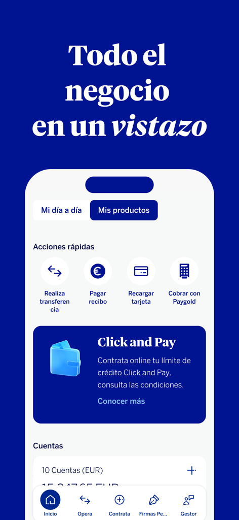 Panel principal de la aplicación móvil BBVA Empresas que muestra un resumen de cuenta comercial y acciones bancarias rápidas.