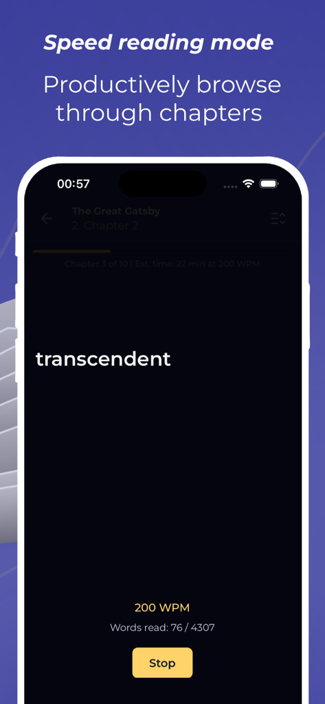 Readly: EPUB Speed Reading - Readly app interface displaying RSVP speed reading mode in dark mode with a 200 words per minute setting