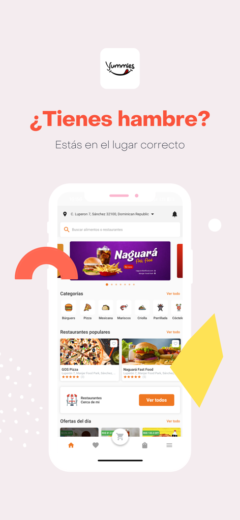 Pantalla de inicio de la aplicación de entrega de comida Yummies que muestra categorías de restaurantes locales y ofertas de comida