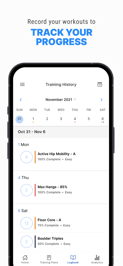 Crimpd - Crimpd app screen showing a logbook of completed rock climbing workouts and training history