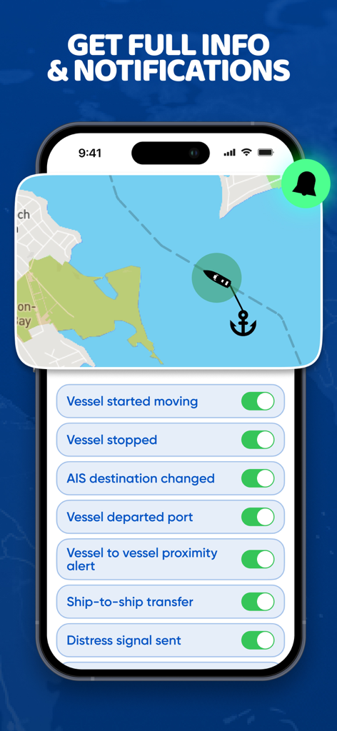 Notificaciones de rastreo de buques e interfaz de mapa en la aplicación Marine Traffic