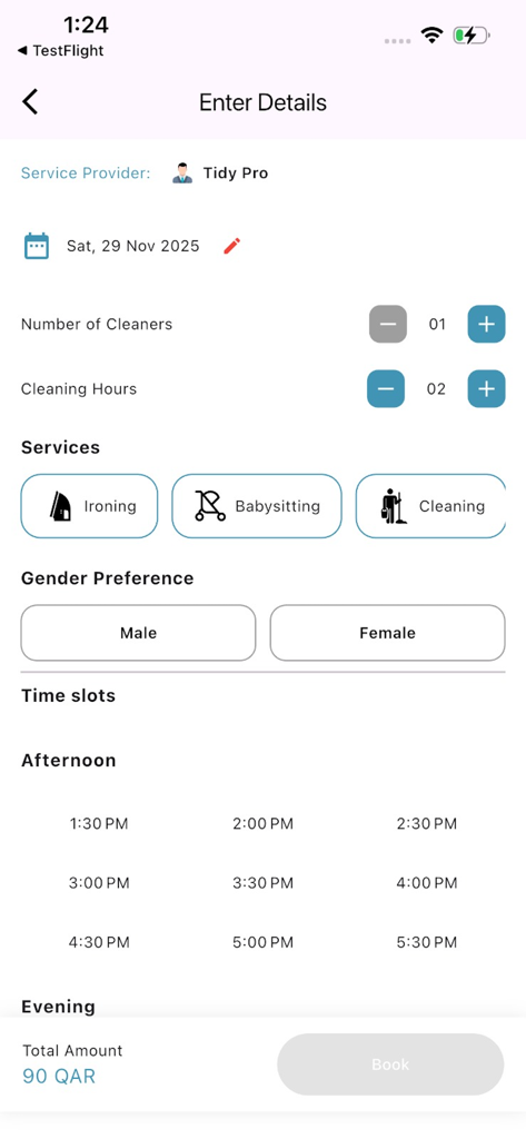 A2M Serve - A2M Serveモバイルアプリのホームサービス予約画面。清掃員、時間、アイロンがけやベビーシッターなどのサービスタイプオプションを表示