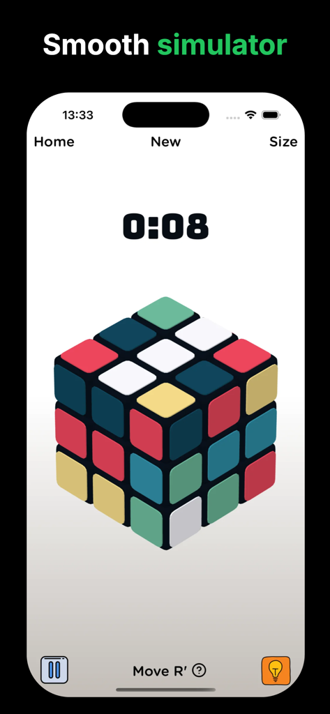 Rubix Cube Solver and Guide - Interface of the Rubix Cube Solver app showing a 3D cube simulator with a digital timer