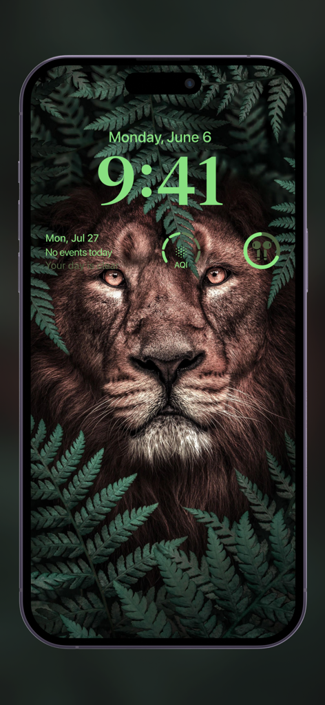 8K WALLPAPERS x 4K Backgrounds - iPhone lock screen featuring a detailed lion face wallpaper among green ferns