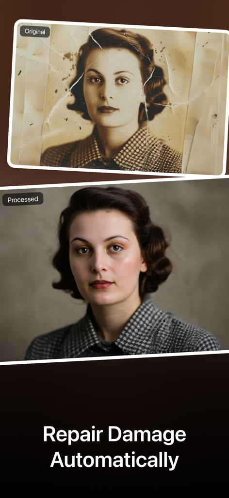 Colorize - Restore Old Photos - Vorher-Nachher-Vergleich eines beschädigten Vintage-Porträts, das mit KI-Restaurierung repariert und koloriert wurde