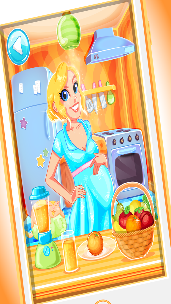 Baby Care - بيبي حبيبي - A pregnant mother character in a colorful kitchen with a fruit basket and blender