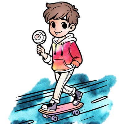 a teenager on a skating on the road with a lollipop