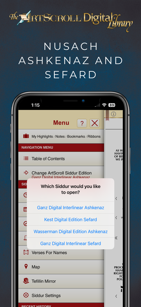 ArtScroll Smart Siddur app menu for selecting Ashkenaz or Sefard prayer book editions