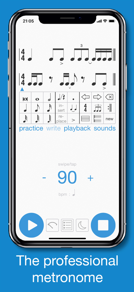 Rhythm+ - Interfaz de la aplicación Rhythm+ que muestra el modo de notación rítmica y ajustes profesionales del metrónomo a 90 bpm.