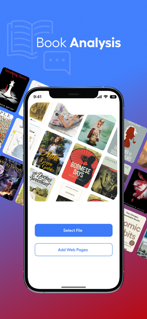 ChatPDF アプリのインターフェース。書籍の表紙のライブラリを表示する書籍分析機能が表示されます。