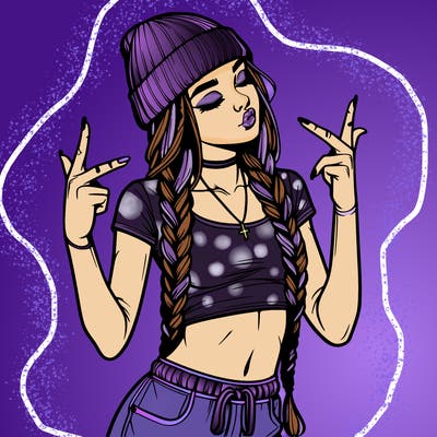 realistic teenage girl with braids and a beanie and crop top doing 🫶🏼