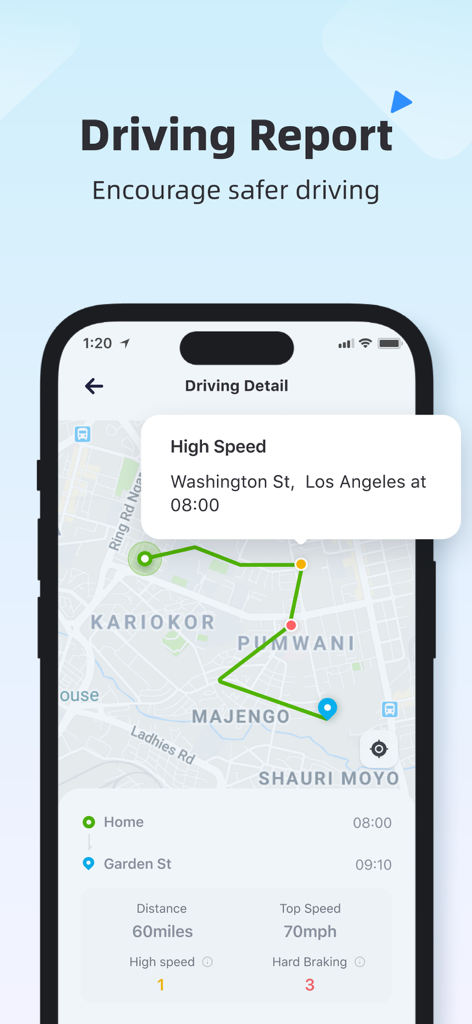 Geonection - Location Tracker - Geonection app driving report screen showing map route with high speed and hard braking alerts