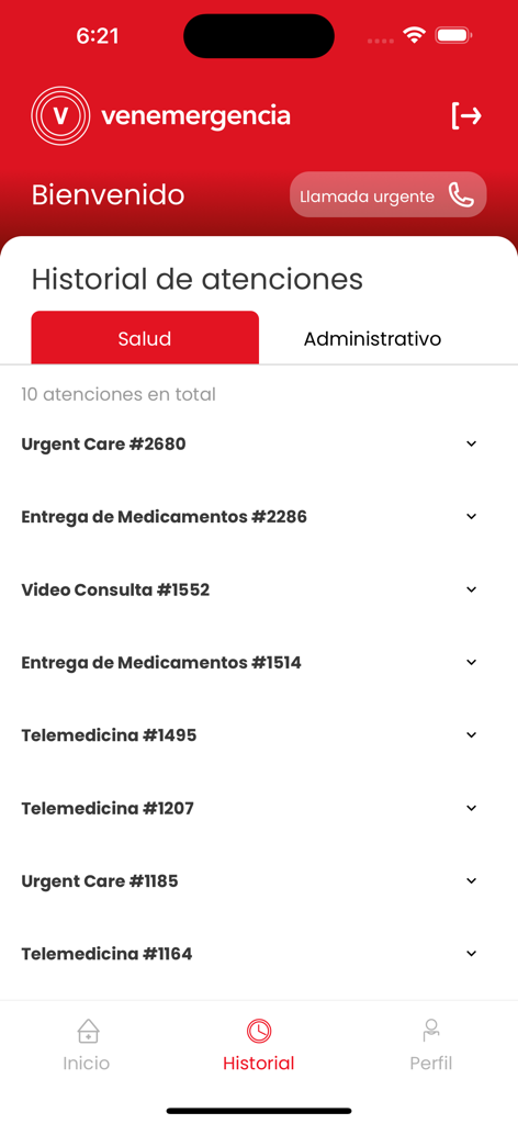 Venemergencia - Venemergencia mobile app screen showing a user medical service history list in Spanish