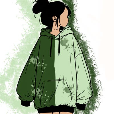 realistic girl with a oversized sweatshirt on and a bun