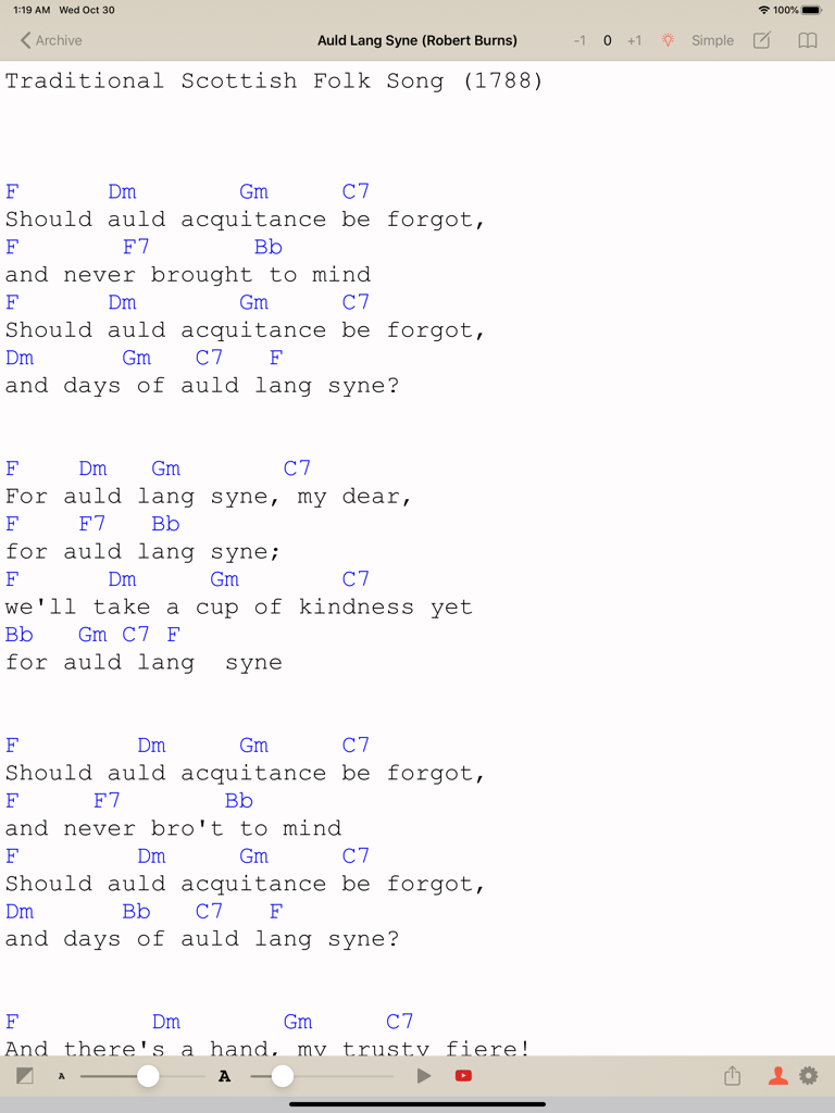 Chord Archiver - iPad interface of Chord Archiver showing lyrics and chords for Auld Lang Syne with transposition and autoscroll controls