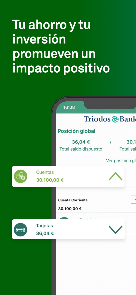 Triodos Bank mobile app screen displaying global account position and ethical banking message
