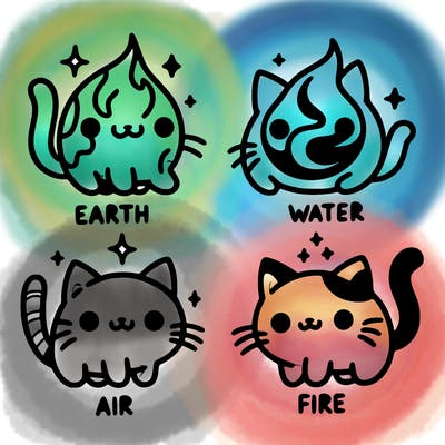 4 cats that represent the different elements, earth, water, air, and fire