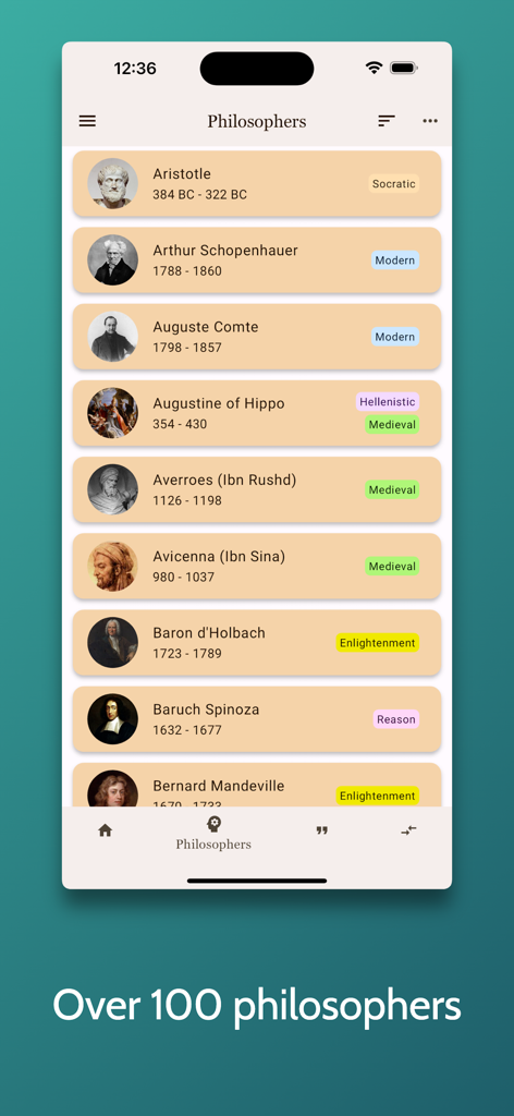 Philosophia - Love of Wisdom - 필로소피아 앱 인터페이스가 유명 철학자들의 목록과 출생 및 사망 연도, 철학 시대를 보여줍니다