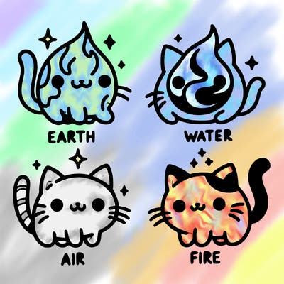 4 cats that represent the different elements, earth, water, air, and fire