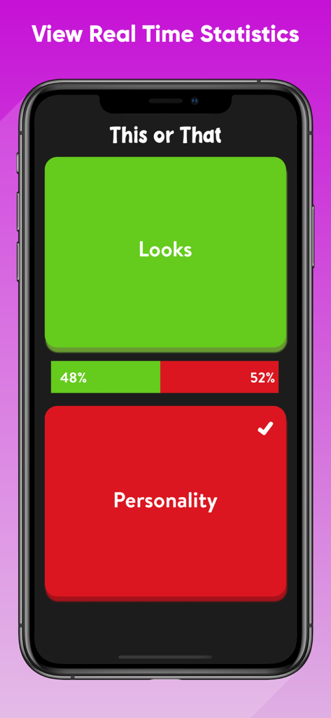 This Or That? - Questions Game - This Or Thatゲームのリアルタイム投票結果を示すスマートフォンの画面。見た目と個性を比較している。